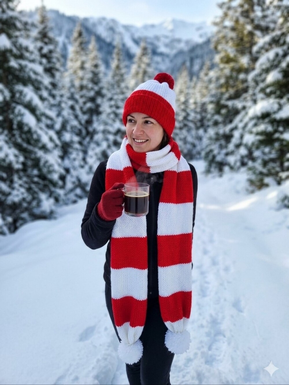 Women Festive Red&White Striped Knit Hat &,Scarf Set